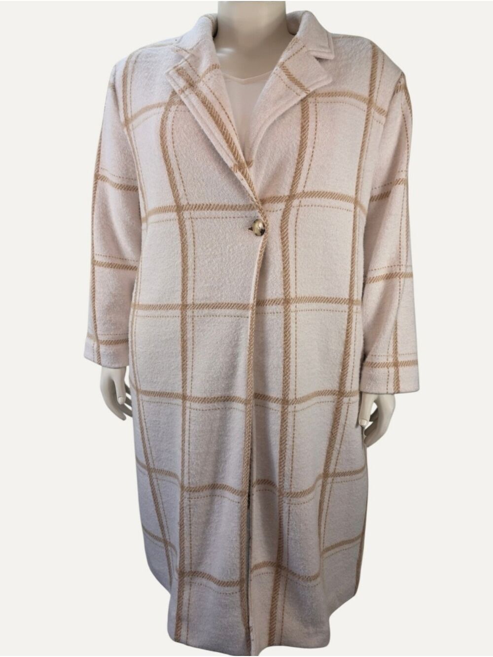 Dex 2X Cream Mocha Windowpane Plaid Long Sweater Coat Jacket NWT